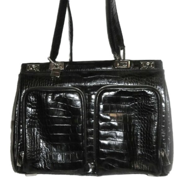 𝅺Lancel Paris Croc Embossed Black Business Shoulder Bag With Lock - Picture 1 of 17